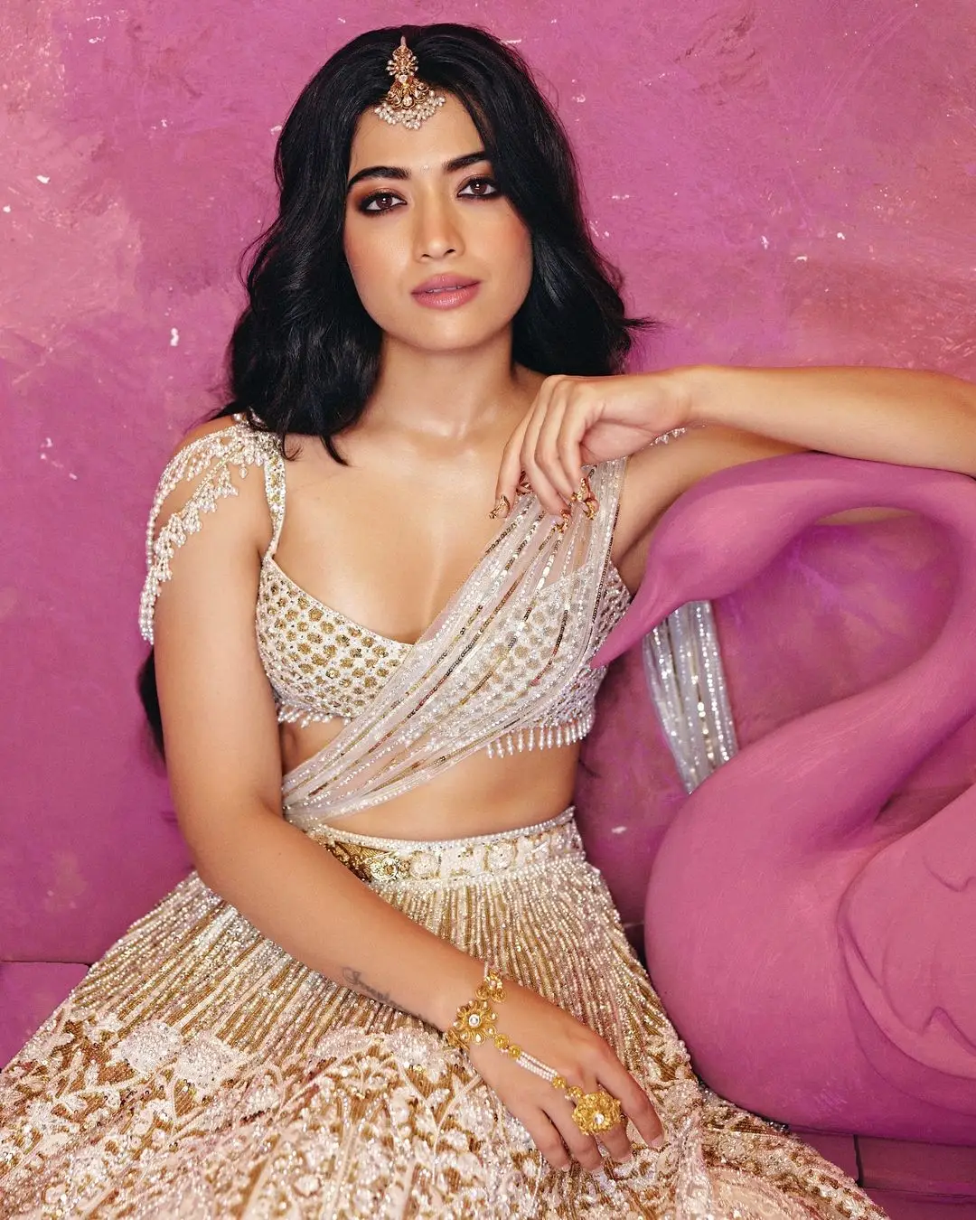 Rashmika Mandanna In Sleeveless White lehenga Choli